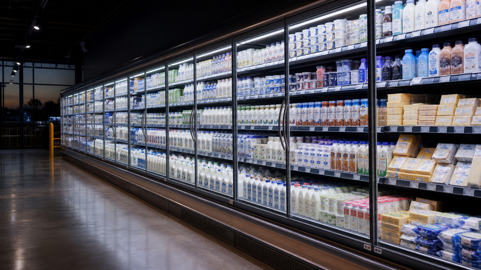 A long, well-stocked supermarket dairy case with milk, yogurt, cheese, butter, and other refrigerated products.