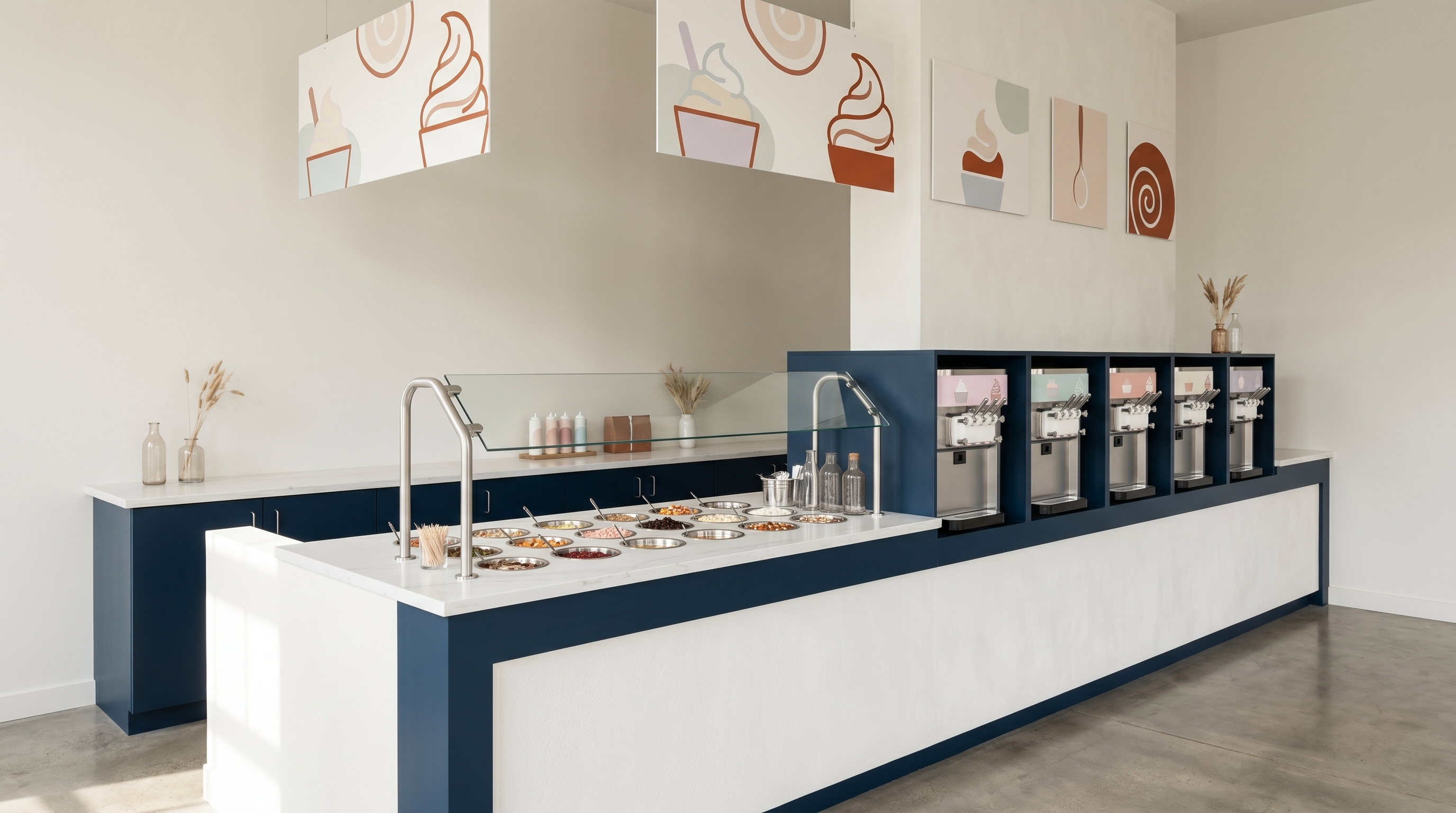 Editorial wide-angle photo of a clean frozen-yogurt-style self-serve counter with topping wells and pastel signage in soft daylight, no people, no logos.